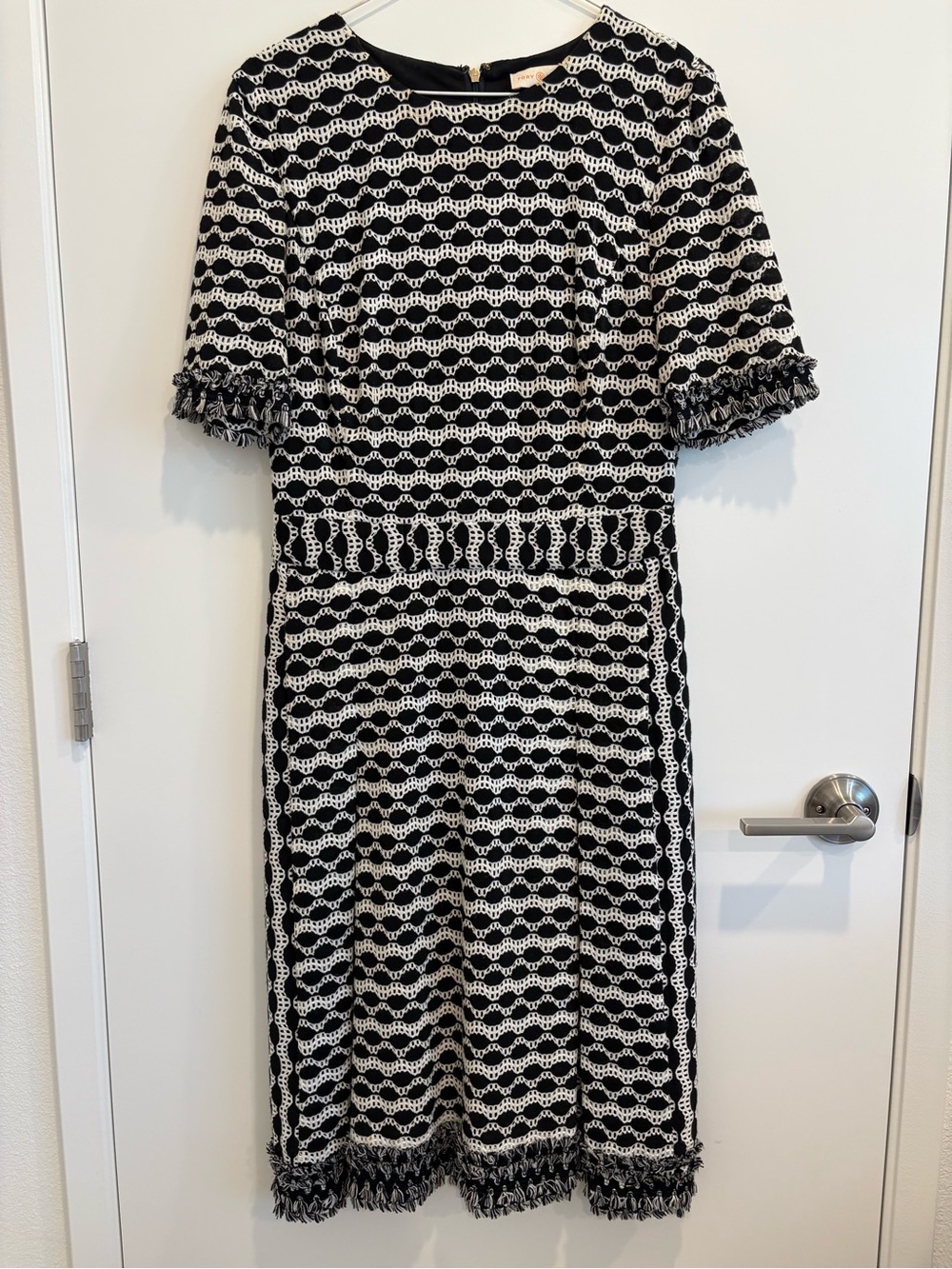 Tory Burch Black and White Knit Midi Dress with Fringe Trim